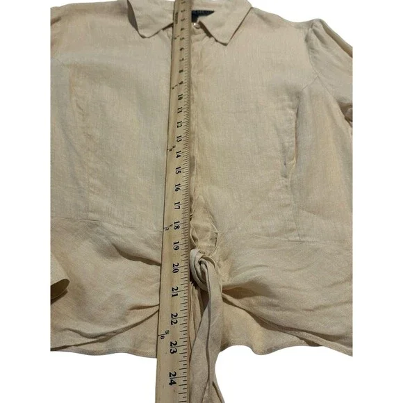 Lafayette 148 Size 12 100% Linen Dark Cream Tie‎ Front Shirt Top Blouse #T4-3 - Picture 8 of 9